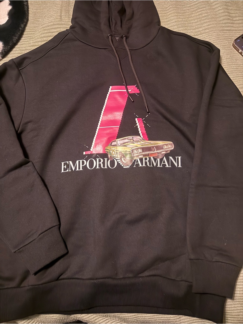 Emporio Armani Black Hoodie with Pink Logo and Multicolor Car Graphic